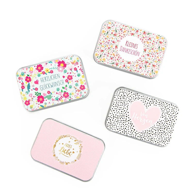 4 kleine Geschenkboxen zum Befüllen Geburtstag Give-Away Metalldose 9,5 x 6,5 x 2 cm