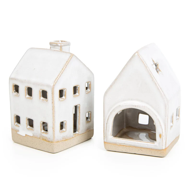2 Haus Windlichter Teelichthalter aus Steingut beige Creme Deko Häuschen 10,5 cm