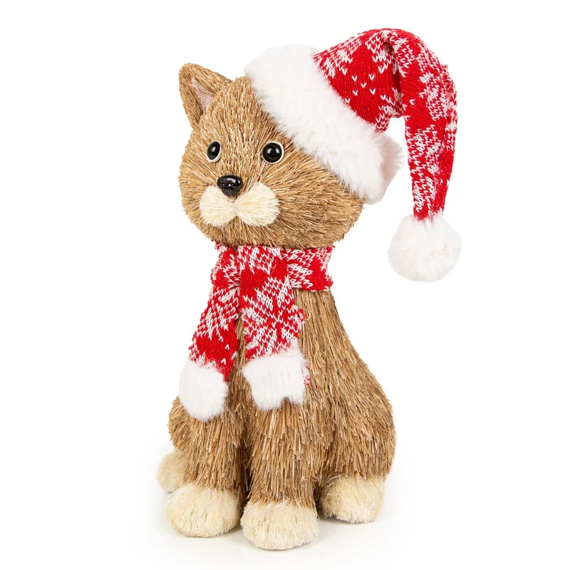 Große Deko Katze aus Gras & Stoff - Weihnachtskatze 30 cm