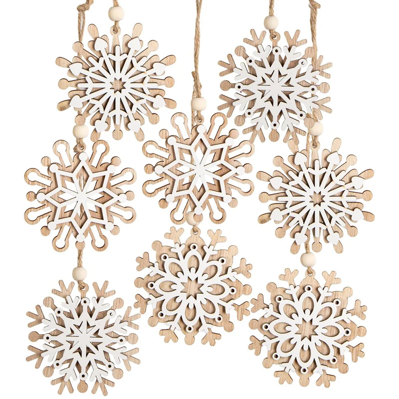 8 Holz Schneeflocken Anhänger - Weihnachtsbaumanhänger Ø 8 cm