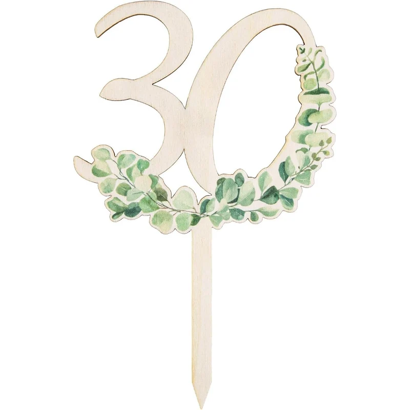 30. Geburtstag Cake Topper - Eukalyptus Holzstecker für Jubiläum 18 cm