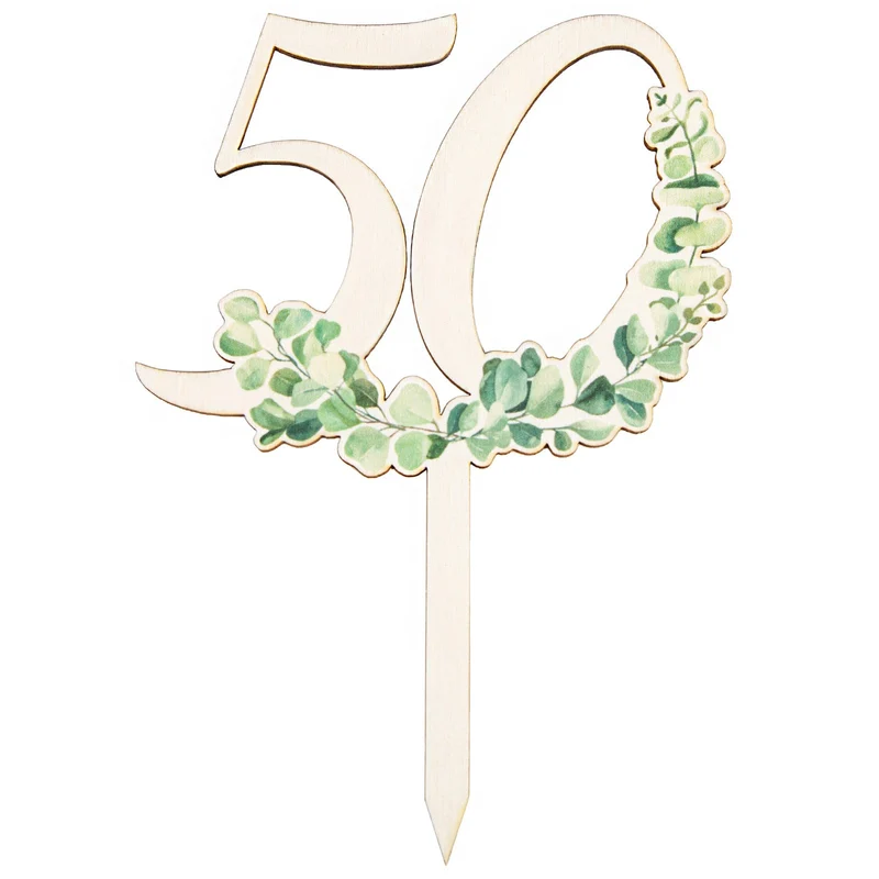 50. Geburtstag Cake Topper - Holzstecker Eukalyptus Deko 18 cm