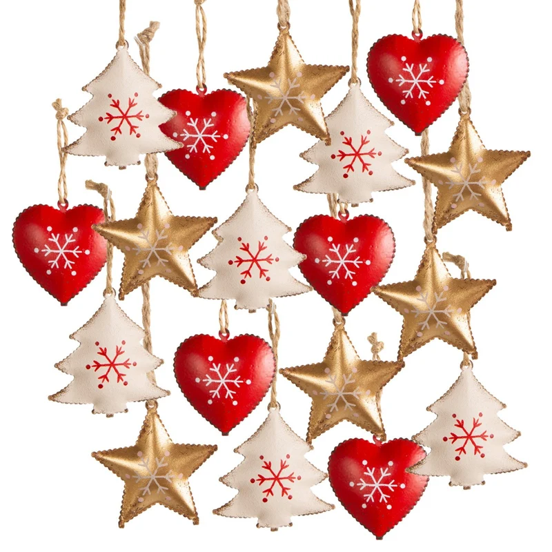 18 Weihnachtsanhänger Herz Stern Baum - rot weiß gold aus Metall 4 cm