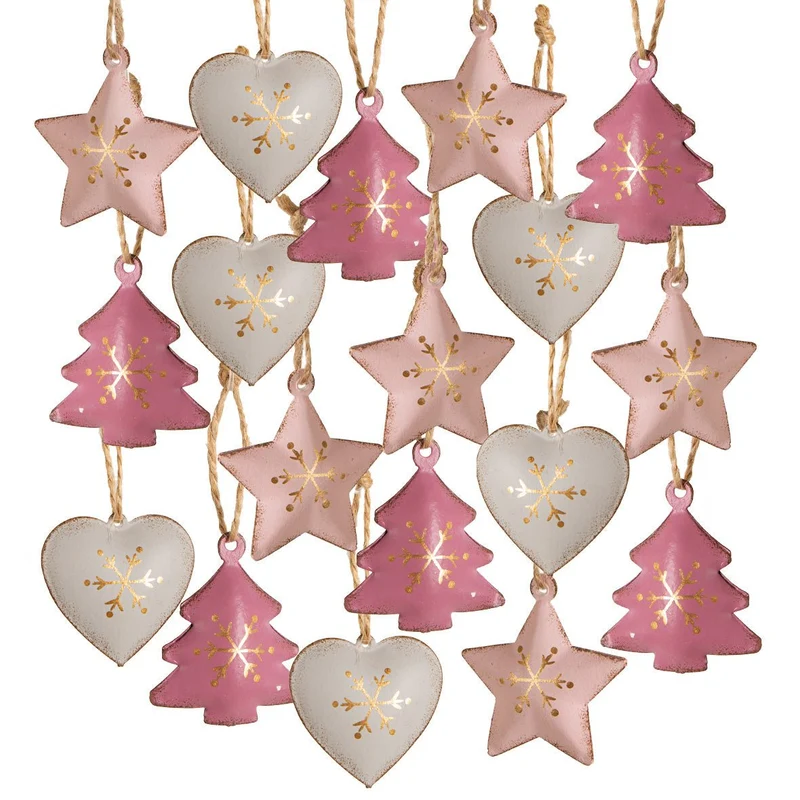 18 Weihnachtsanhänger Herz Stern Baum - rosa pink grau aus Metall 4 cm