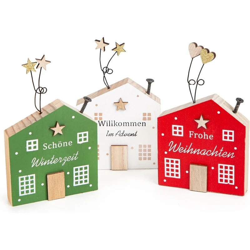 3 Weihnachtshäuser weiß, rot & grün Winterdeko - Adventszeit 13 x 8 cm