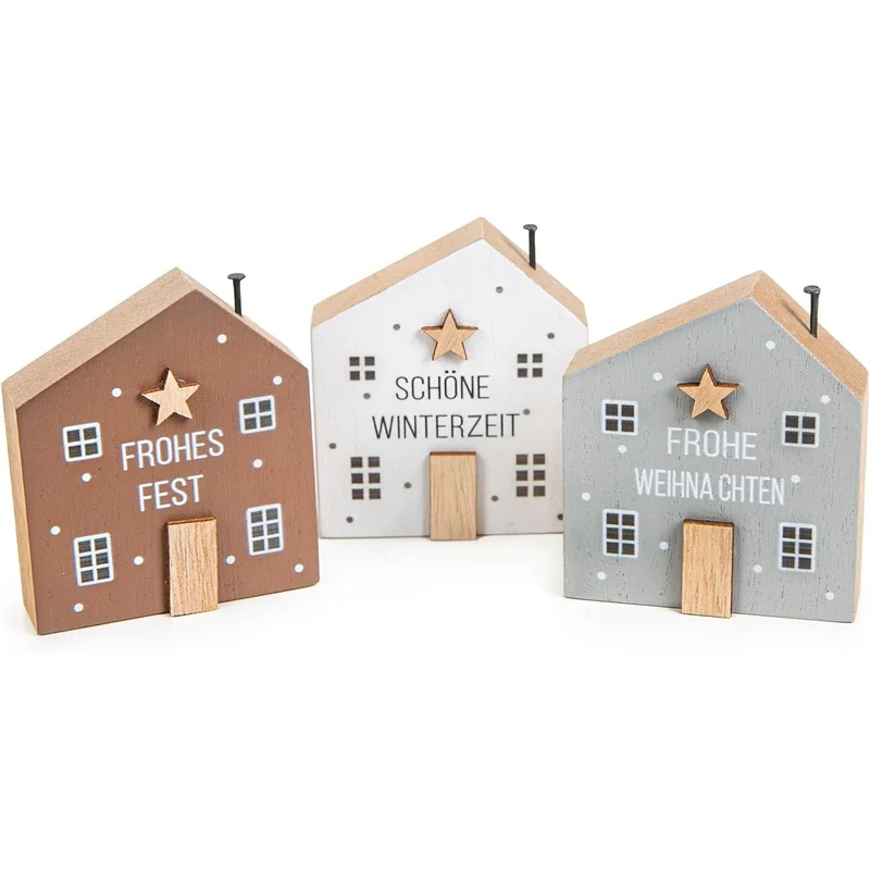 Dekohäuschen aus Holz 3 Weihnachtshäuser grau braun weiß 13 x 8 cm