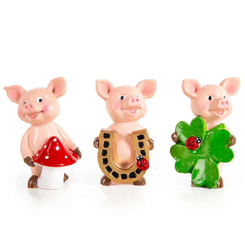 3 Glücksschweine mit Hufeisen Glückspilz & Kleeblatt 8 cm