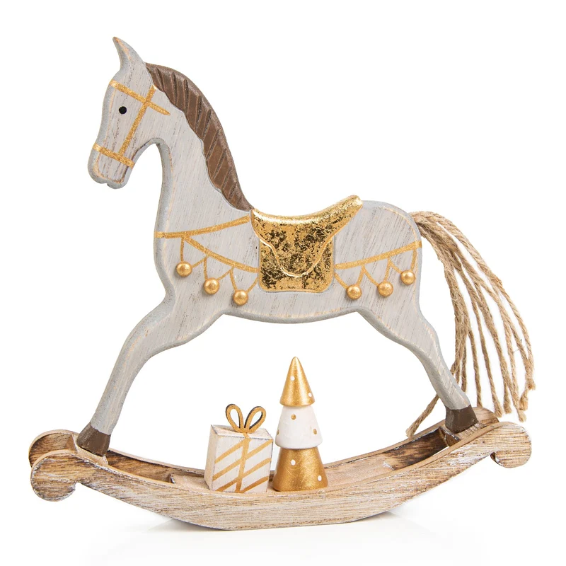 Schaukelpferd Figur Weihnachtsdekoration aus Holz - grau Gold 18 cm