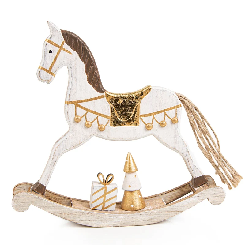 Schaukelpferd Figur edel Gold weiß aus Holz - Weihnachtsdeko 18 cm