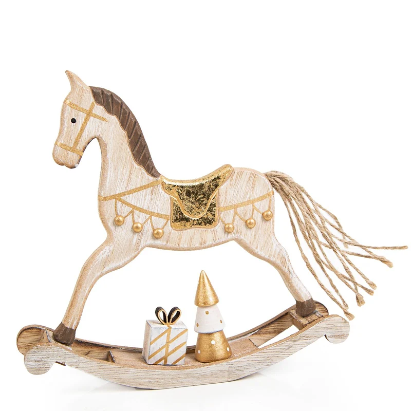 Weihnachtsdekoration Schaukelpferd Figur aus Holz - braun Gold 18 cm