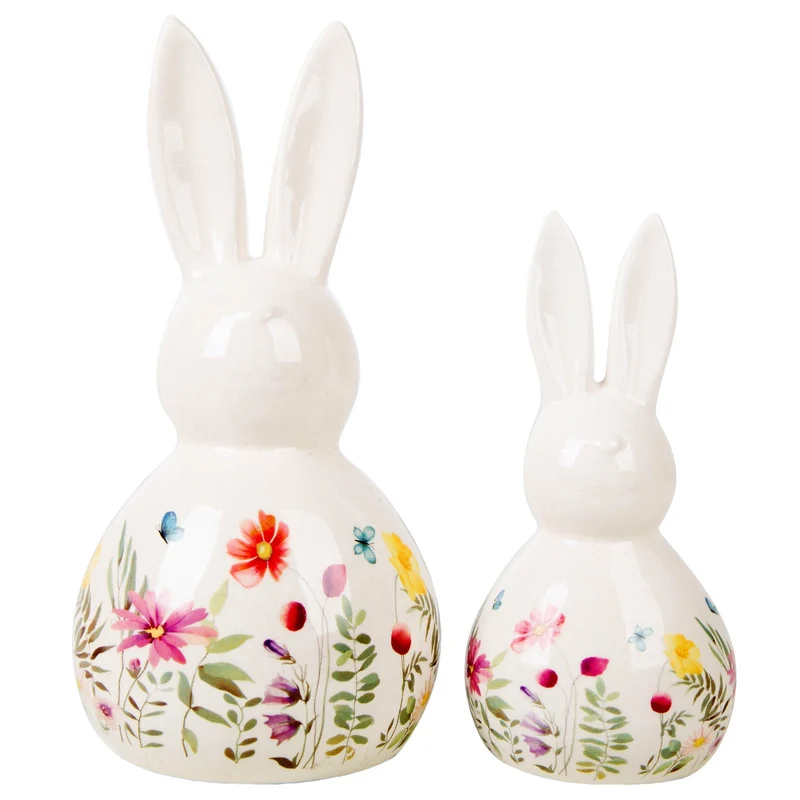 2 Ostern Deko Hasen weiß bunt floral mit Blumen 17,5-23,5 cm