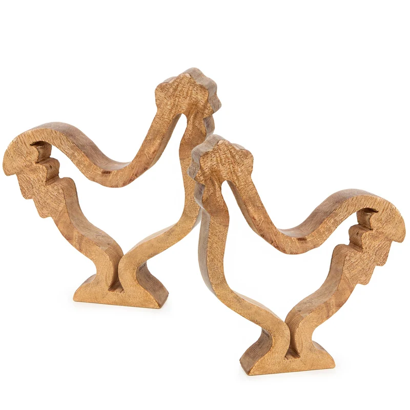 2 Hühner Figuren aus Holz Hahn + Henne Ostern Dekoration braun 13 x 14 cm