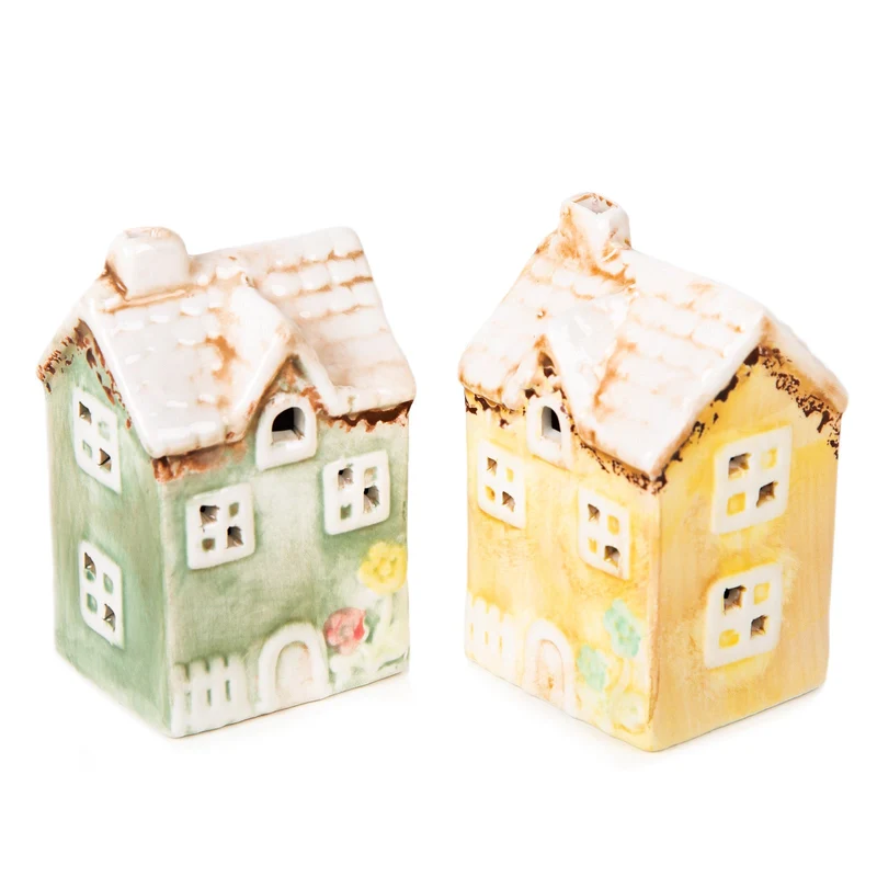 Logbuch-Verlag 2 Deko Häuser aus Keramik gelb grün Frühling Sommer Haus Figuren zum Hinstellen 6 x 5 x 9,5 cm