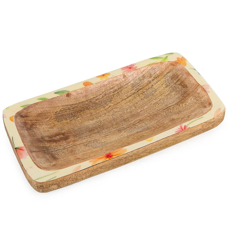 Logbuch-Verlag Dekoschale aus Holz mit Blumen Frühling Deko Tablett braun bunt Geschenk für Frauen Muttertag 25 x 13 cm