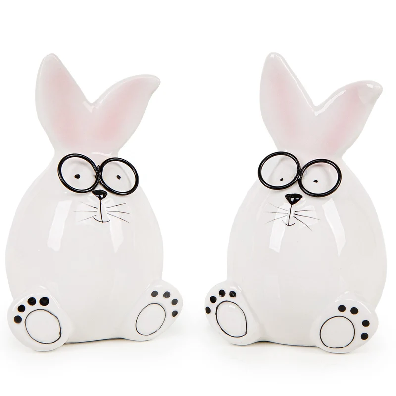 Logbuch-Verlag 2 witzige Osterhasen Figuren mit Brille Hasen aus Keramik Deko Ostern Geschenk Set 13,5 cm weiß