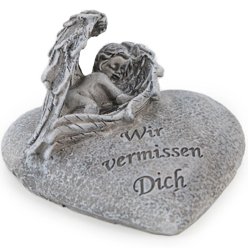 Grabengel mit Inschrift Wir vermissen Dich grau klein 10 x 10 x 6,5 cm