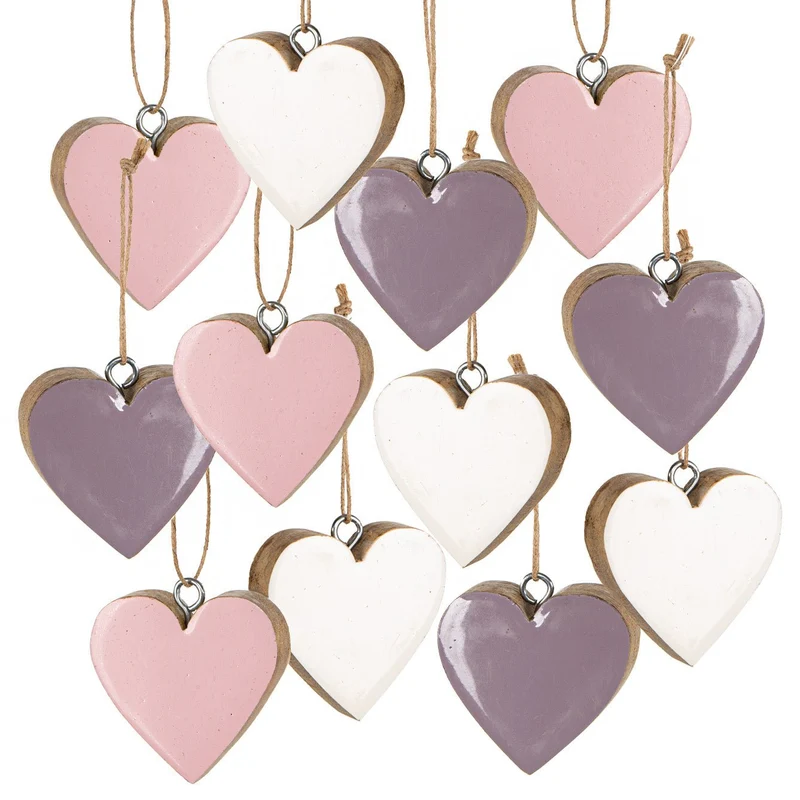 Logbuch-Verlag 12 kleine Holzherzen zum Aufhängen Herz Anhänger rosa lila weiß Hochzeit Muttertag Deko 5 cm
