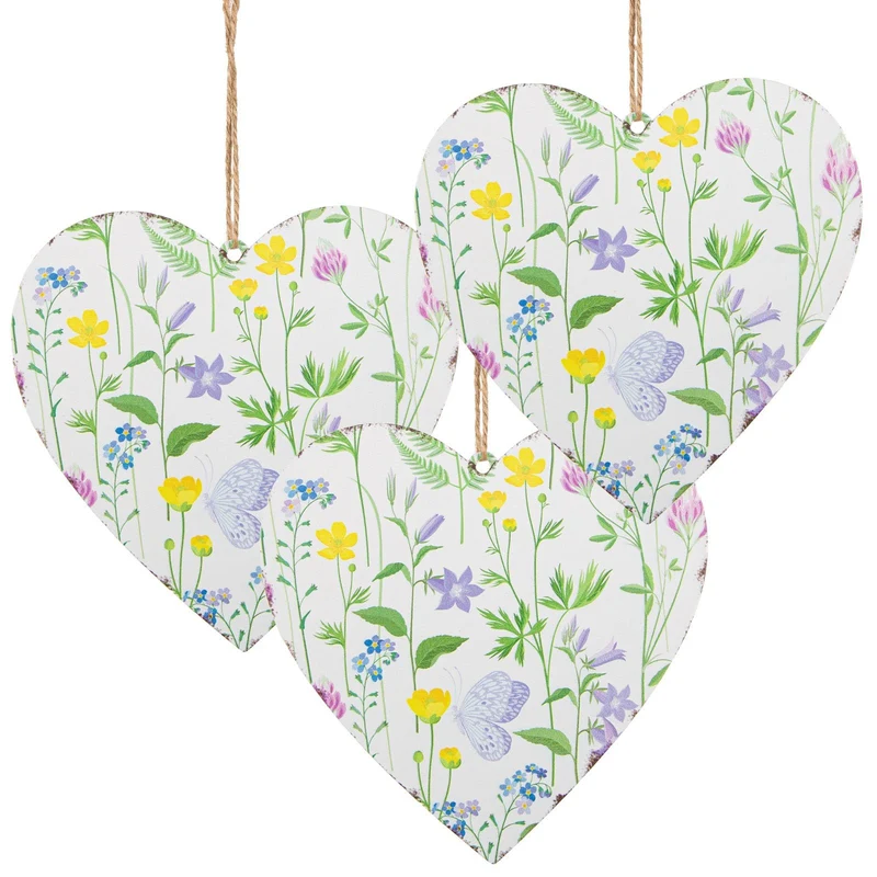3 große Flache Metallherzen Frühling Sommer Dekoration zum Aufhängen 15 cm