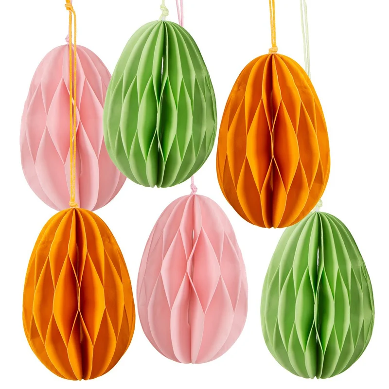 6 BunteHoneycomb Ostern Dekoration zum Aufhängen Papier Eier rosa orange grün 6 x 10 cm
