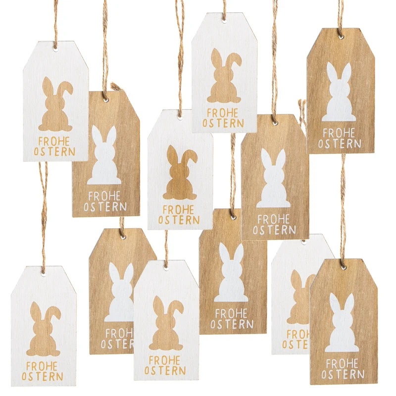 Logbuch-Verlag 12 Frohe Ostern Geschenkanhänger Osterhase Holz Osteranhänger für Geschenke weiß braun 10 x 5,5 cm