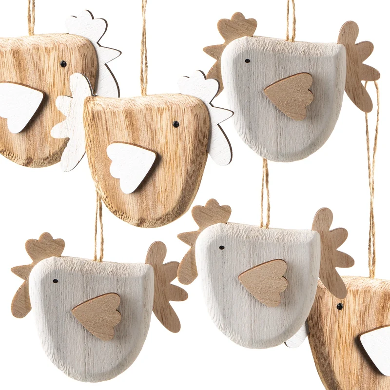 Logbuch-Verlag 6 Holzhühner Ostern Deko zum Aufhängen Osterstrauch Anhänger Hahn und Henne Holz 9 x 7,5 cm