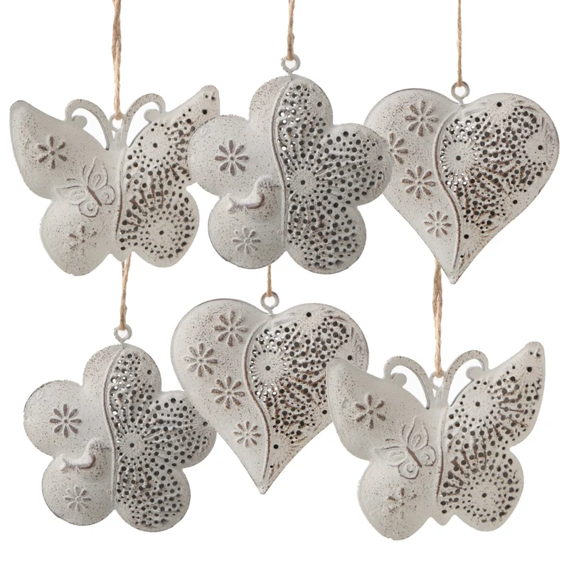 Logbuch-Verlag 6 cremefarbene Frühlingsanhänger Herz Blume Schmetterling aus Metall Frühling Ostern Deko zum Aufhängen 7 cm