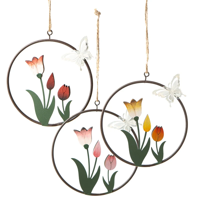 Logbuch-Verlag 3 Frühling Deko Anhänger Tulpen Blumen im Metallring zum Aufhängen Frühlingsdekoration Ø 10 cm