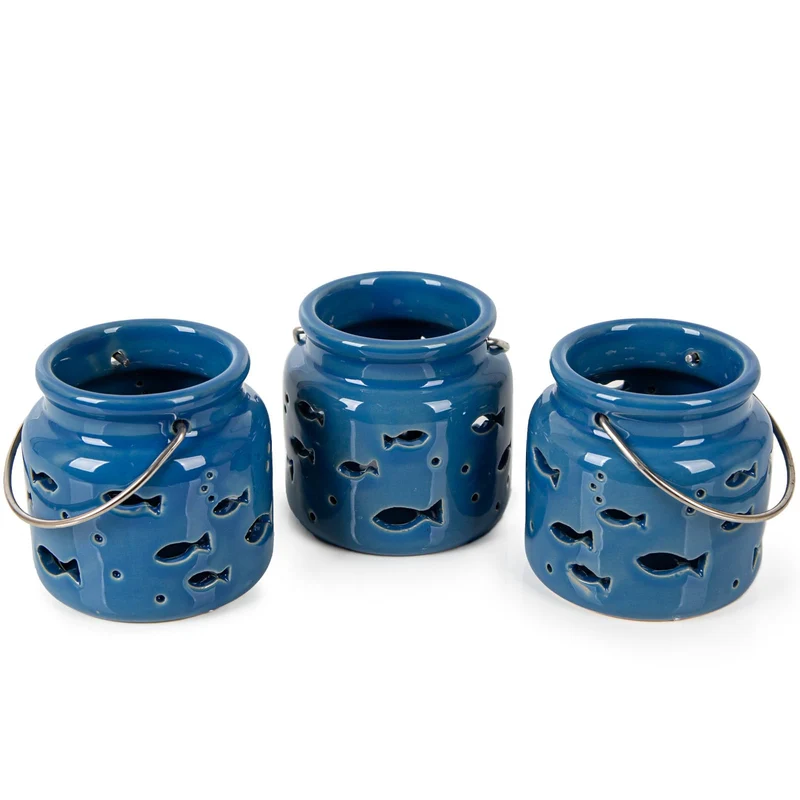 Logbuch-Verlag 3 Maritime Kerzenhalter Teelichthalter blau mit Fischen Tischdeko Taufe Kommunion Konfirmation 8 cm