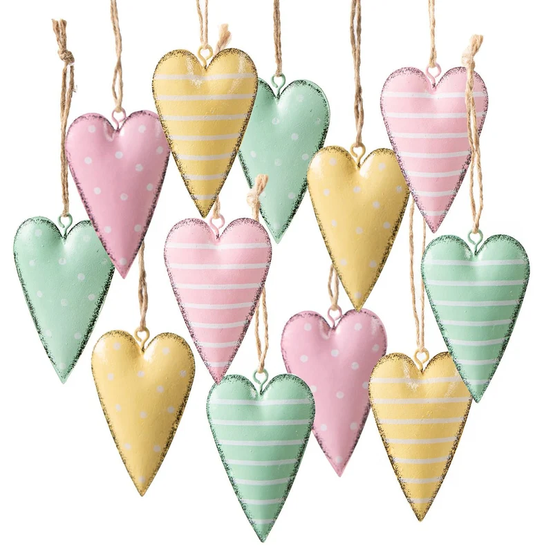 Logbuch-Verlag 12 Bunte Herzen Anhänger Frühling Sommer Ostern Metallherzen mit Schnur Geschenkanhänger 7 cm