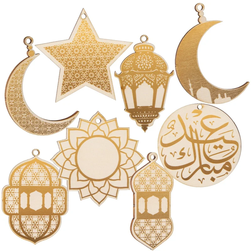 Logbuch-Verlag 8 edle Geschenke Anhänger für Ramadan Bayram Eid al-Fitr Deko Verzierung aus Holz Gold braun 7 cm
