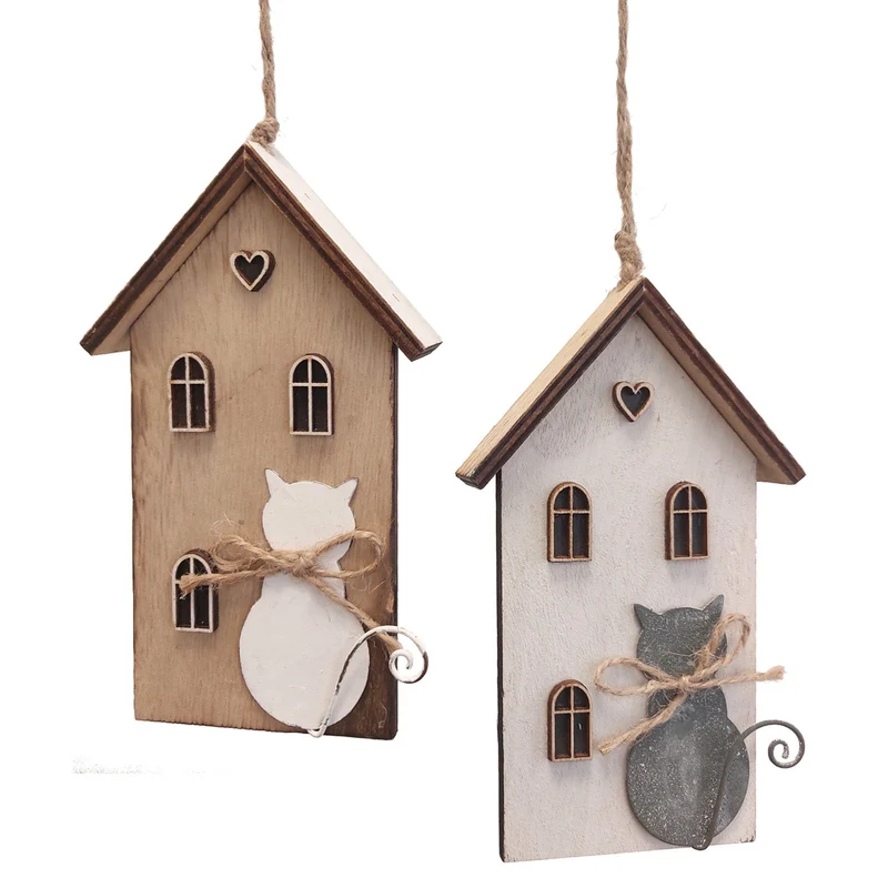 Logbuch-Verlag 2 Deko Häuser mit Katze Natur grau weiß Holz Geschenkanhänger Hängedekoration Frühling Katzendeko zum Aufhängen 8 x 14 cm
