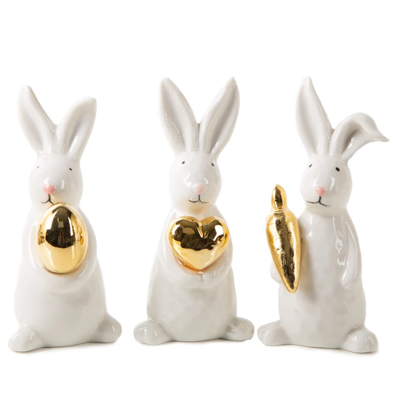 Logbuch-Verlag 3 edle Osterhasen Deko Figuren Gold weiß Osterdekoration aus Porzellan Ostergeschenke 12,5 cm