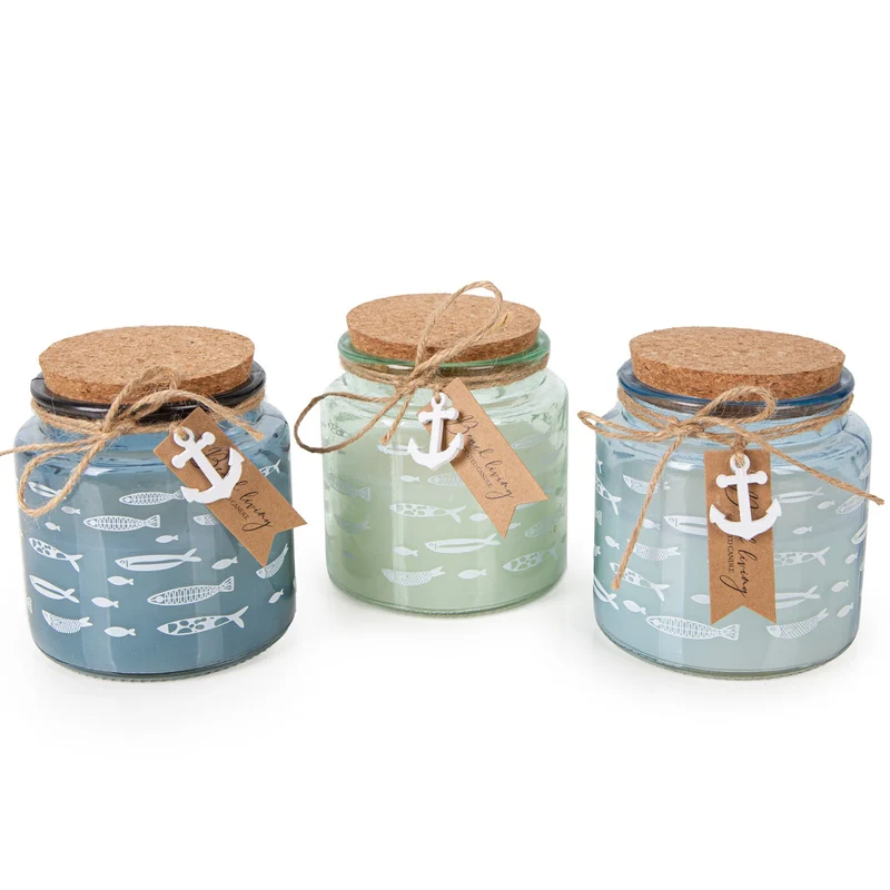 Logbuch-Verlag 3 Kerzen im Glas Kerzenhalter blau türkis maritim Fische Deko für Badezimmer, Taufe, Kommunion Tischdeko 10 x 11 cm