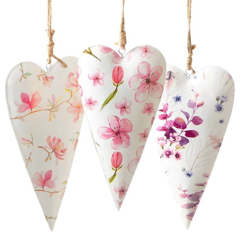 3 Metallherzen Anhänger mit Blumen rosa pink - Muttertag Valentinstag 18 cm