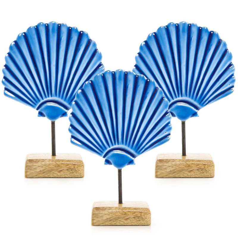 Logbuch-Verlag 3 Muschel Deko Figuren blau braun aus Holz Sommer Strand Maritime Dekoration Dekofigur mediterran 19 cm