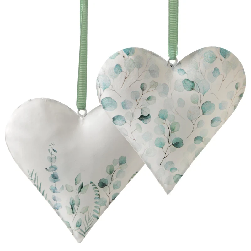 2 Eukalyptus Metallherzen Anhänger weiß grün - Hochzeit Taufe Valentinstag 10 cm