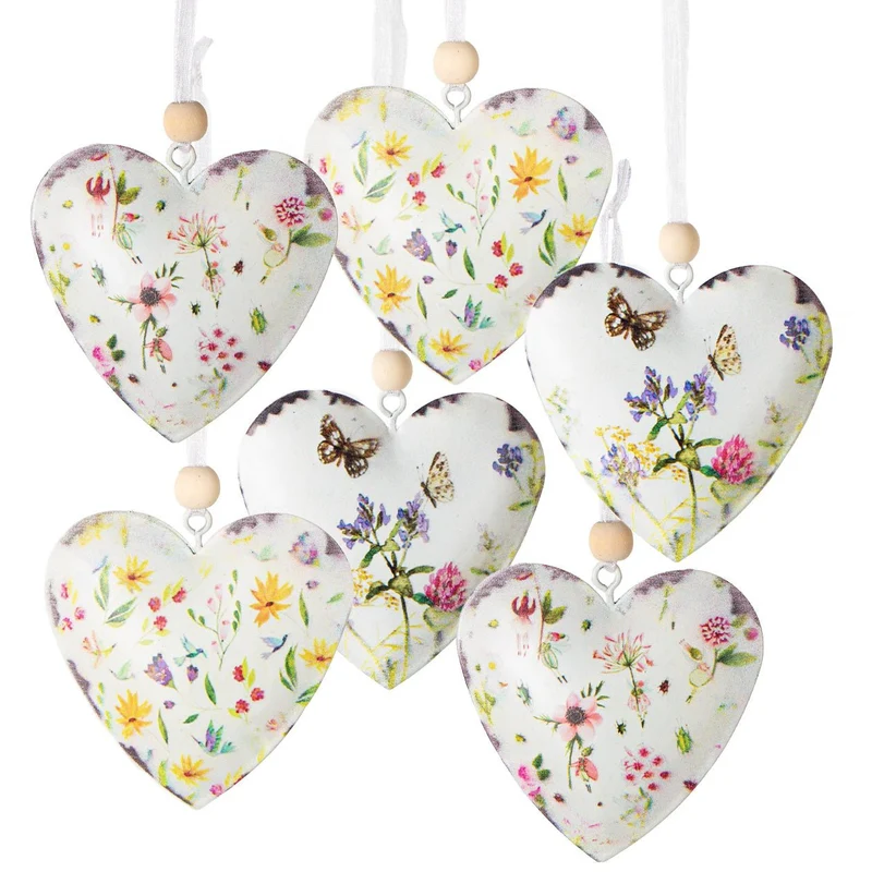 Logbuch-Verlag 6 Metallherzen mit bunten Blumen Hochzeit Frühling Deko zum Aufhängen Osteranhänger 7 x 6,5 cm
