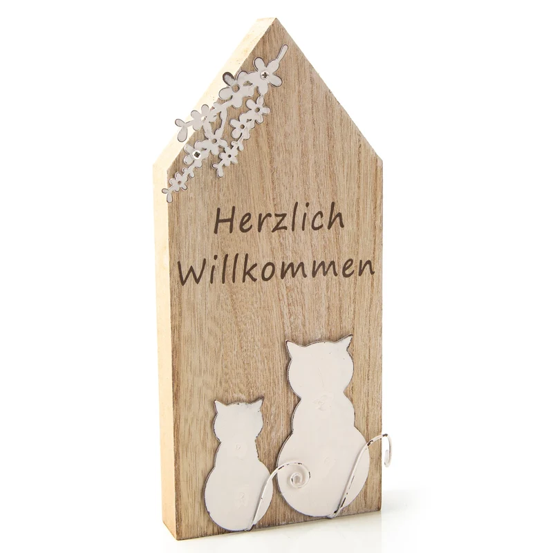 Holz Haus Herzlich Willkommen - braun weiß mit Katzen-Motiv 10 x 22 cm