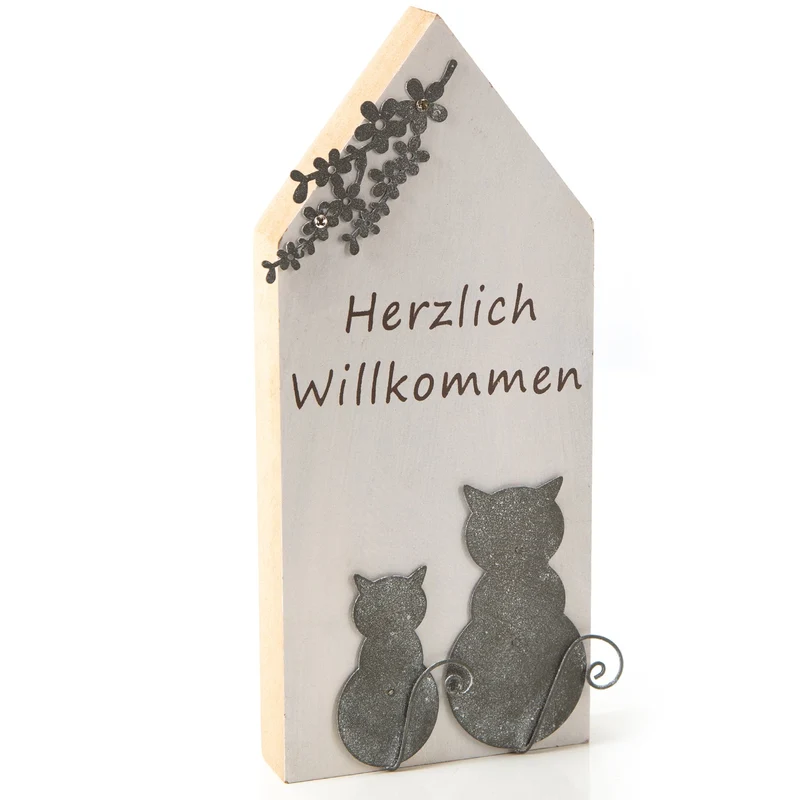 Herzlich Willkommen Holzhaus mit Katzen - für Flur & Eingangsbereich 10 x 22 cm