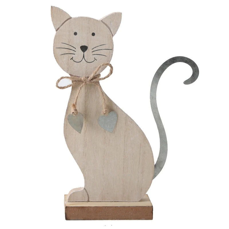 Katze aus Holz & Metall braun Silber - Katzenfigur zum Hinstellen 19 x 11 cm