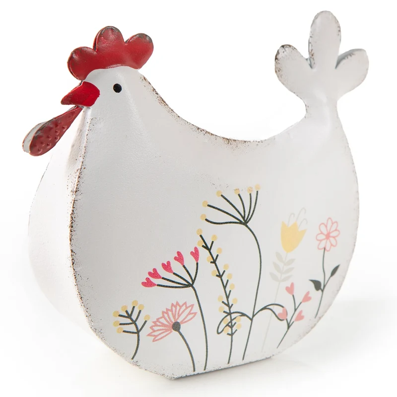 Logbuch-Verlag Metall Henne weiß mit Blumenmuster Huhn Hühnerfigur Osterdeko zum Hinstellen 13,5 x 15 cm