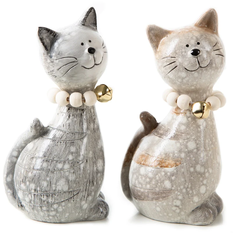 2 Deko Katzen grau braun aus Keramik - 18,5 cm Katzenbesitzer Geschenk