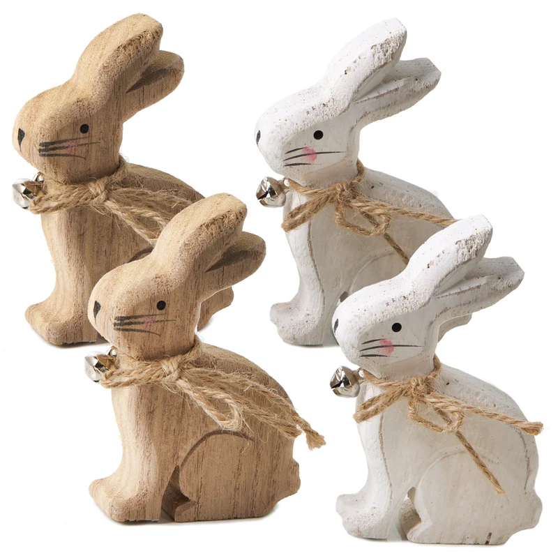 Logbuch-Verlag 4 Holz Osterhasen braun weiß Holzhasen Set kleines Geschenk zu Ostern Holzdeko Natur 10 cm