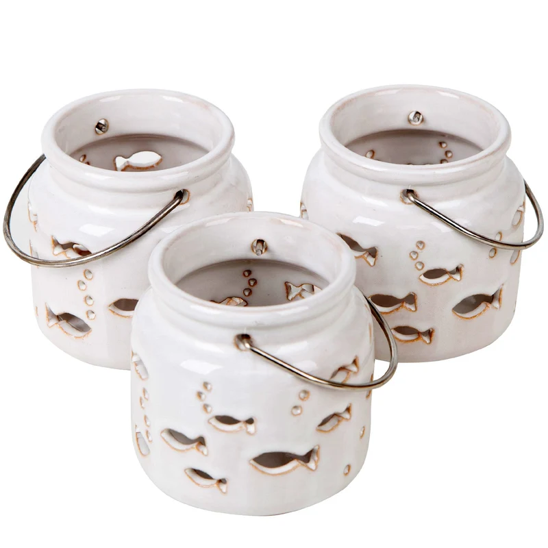 Logbuch-Verlag 3 Windlichter beige Creme mit Fischen kleine Teelichthalter Tischdekoration Taufe Kommunion 8 cm