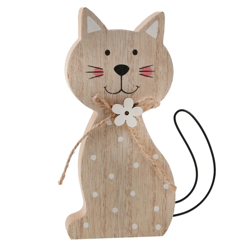 Holz Katze Dekofigur braun weiß - Katzenfigur Ostern Frühling 15 cm