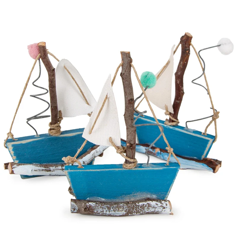 Logbuch-Verlag 3 kleine Boote Segelboot Schiffe aus Holz blau weiß Maritime Dekoration Badezimmer Deko 12 x 1 cm