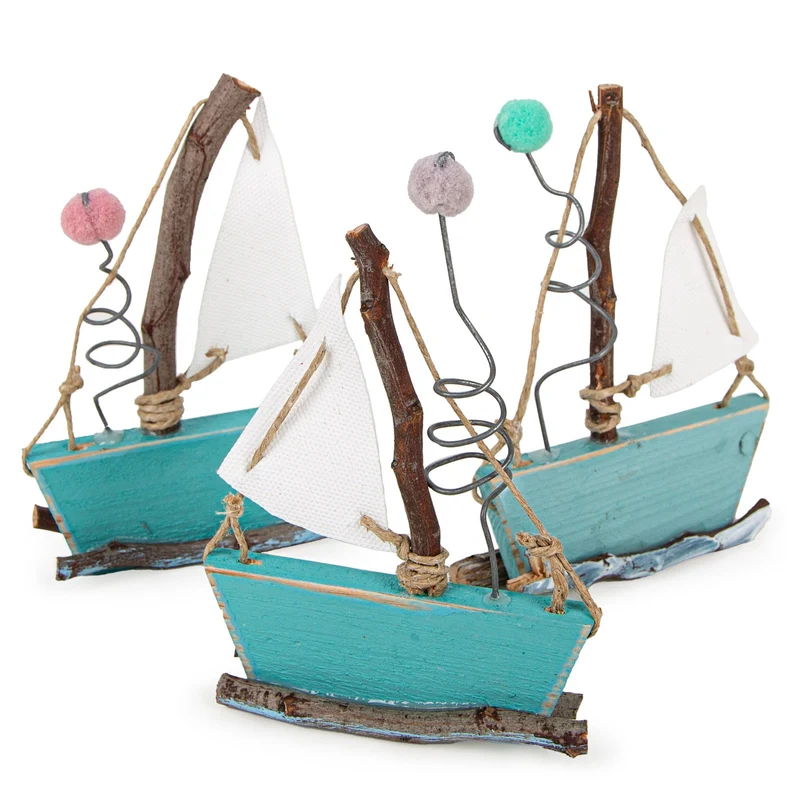 Logbuch-Verlag 3 kleine Segelschiffe Segelboot Figuren aus Holz türkis hellblau Dekoration maritim mediterran 12 x 10 cm