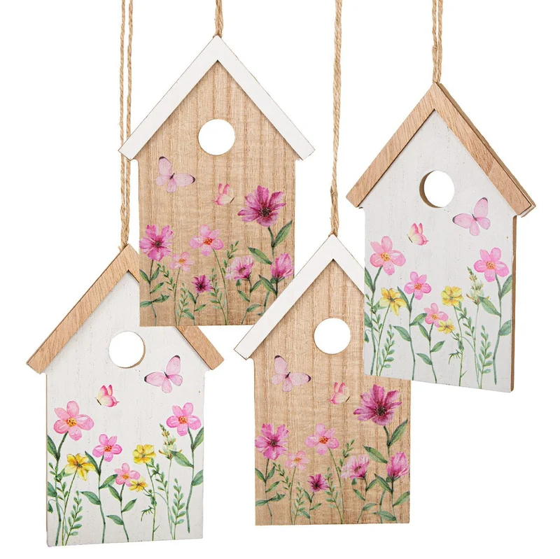Logbuch-Verlag 4 Osteranhänger kleine Holz Häuser mit Frühling Blumen und Schnur zum Aufhängen in rosa weiß 10,5 x16 x 0,6 cm für den Osterstrauch