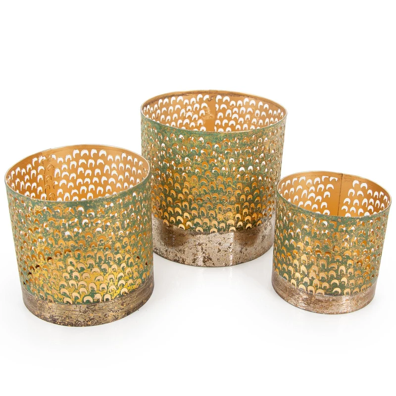 Logbuch-Verlag 3 Windlichter aus Metall kleine Laternen Kerzenhalter Gold grün Balkon Terrasse Deko Geschenk-Set 8-12 cm