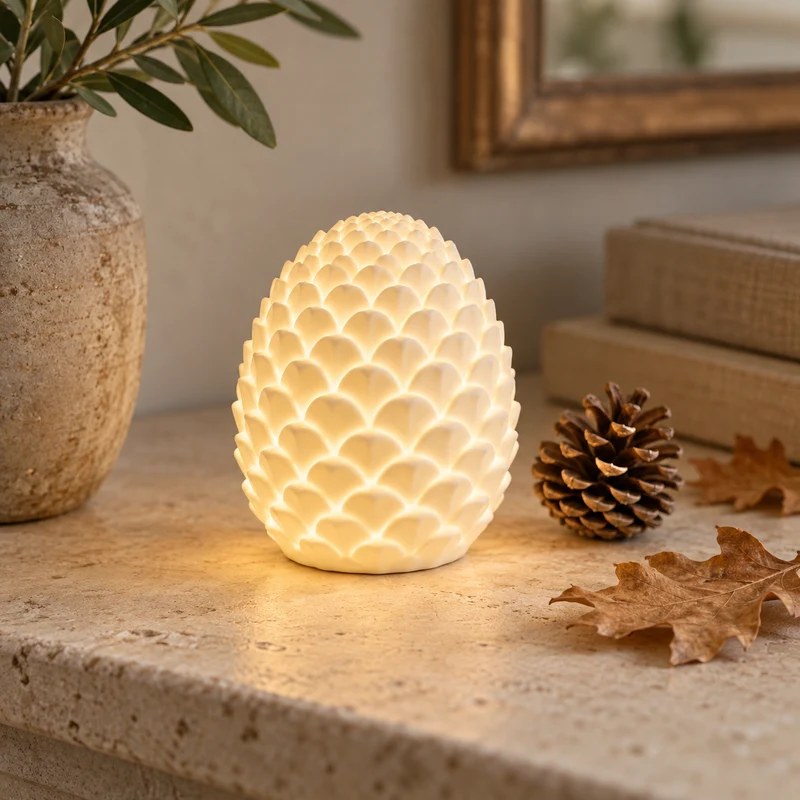 LED Deko Pinienzapfen „Pinea“ klein Porzellan Weiß Timer
